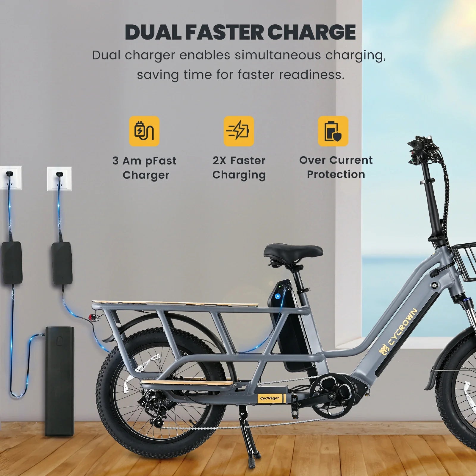 CYCROWN Wagen 20" Step-Thru Fat Tire Longtail Cargo Electric Bike 1000W Motor 48V 15.6Ah+10.4Ah Dual Batteries