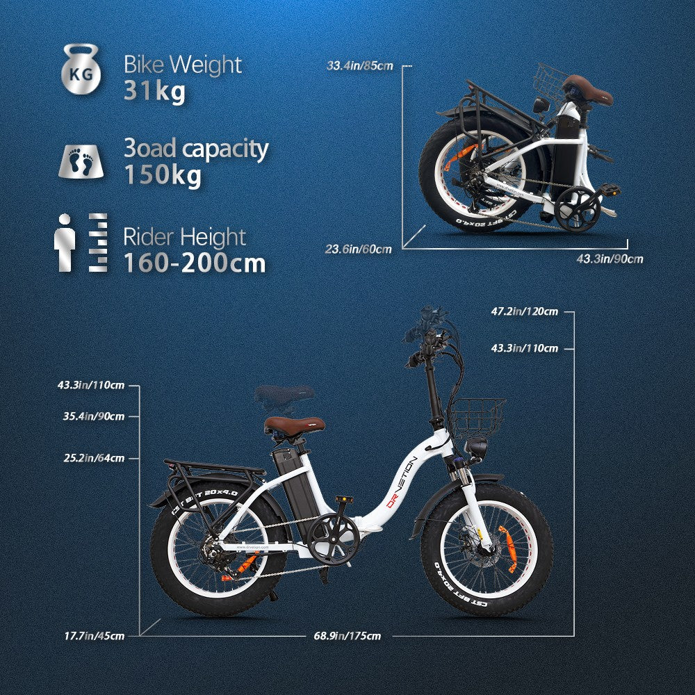 DRVETION CT20 20" Fat Tires Folding Electric Bike 750W Motor 48V 10Ah/15Ah/20Ah Battery