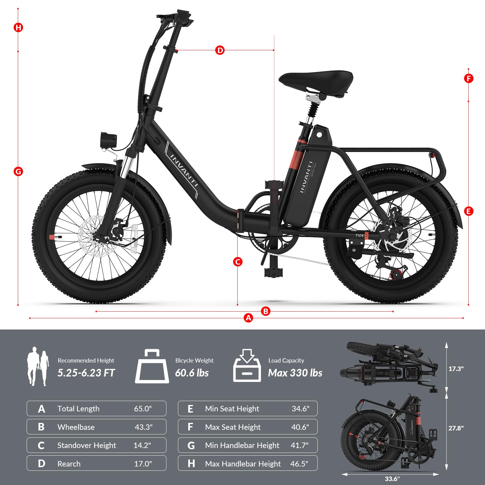 INVANTI TIDE2 20" Folding Electric Bike 500W Motor 48V 10.4Ah Battery