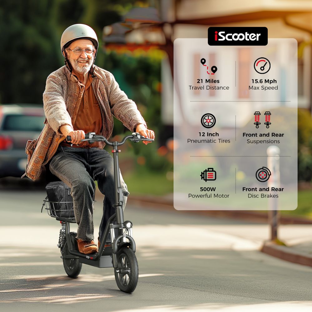 ISCOOTER I12 12" Commuter Electric Scooter With Seat & Carry Basket 500W Motor 36V 7.5Ah Battery