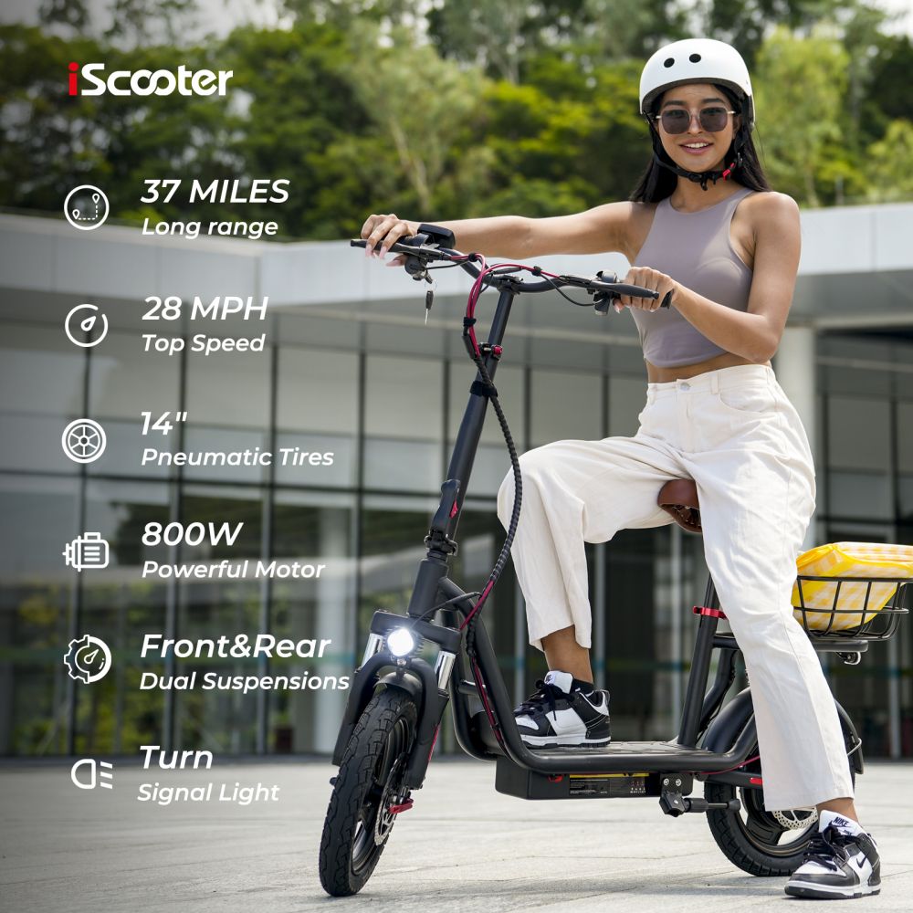 ISCOOTER I14 14" Commuter Electric Scooter With Seat & Basket 800W Motor 54.6V 10Ah Battery