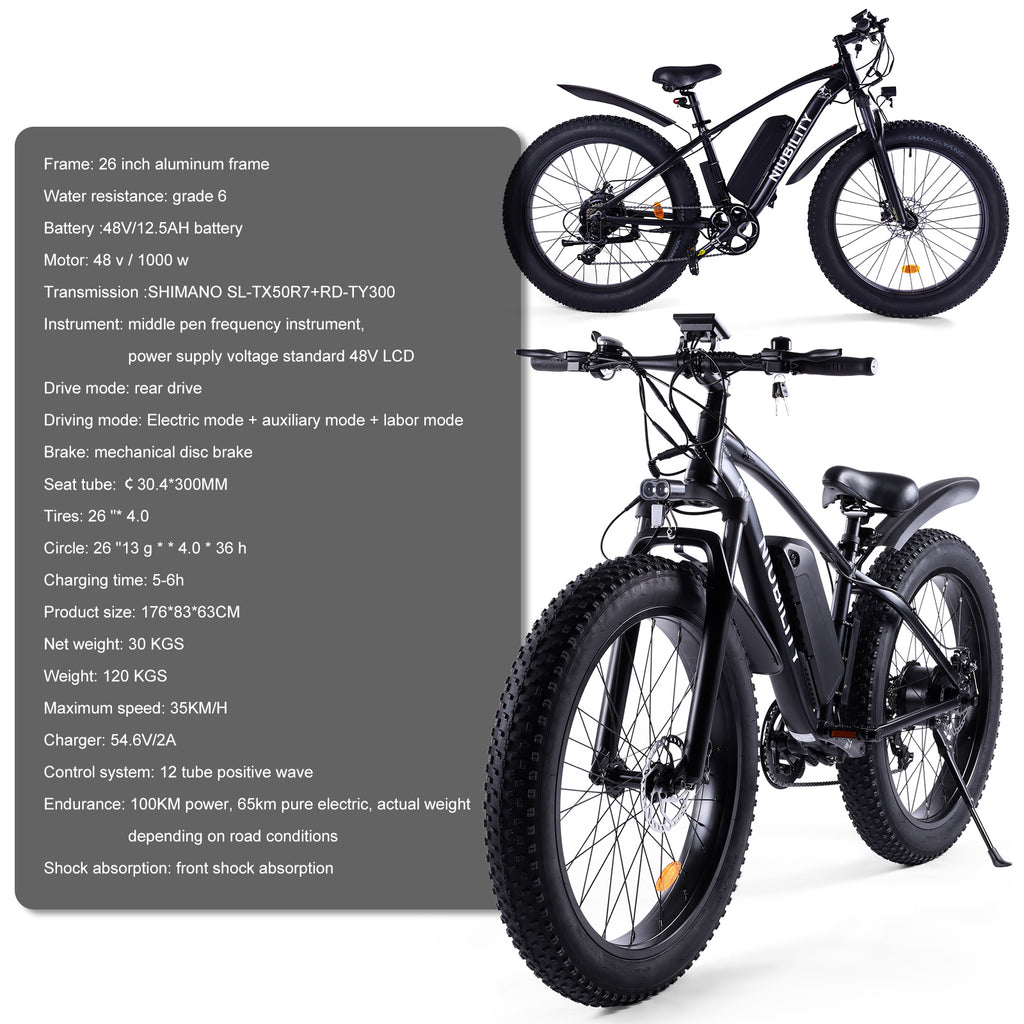 NIUBILITY B26 26" Electric Mountain Bike 1000W Motor 48V 15Ah Battery