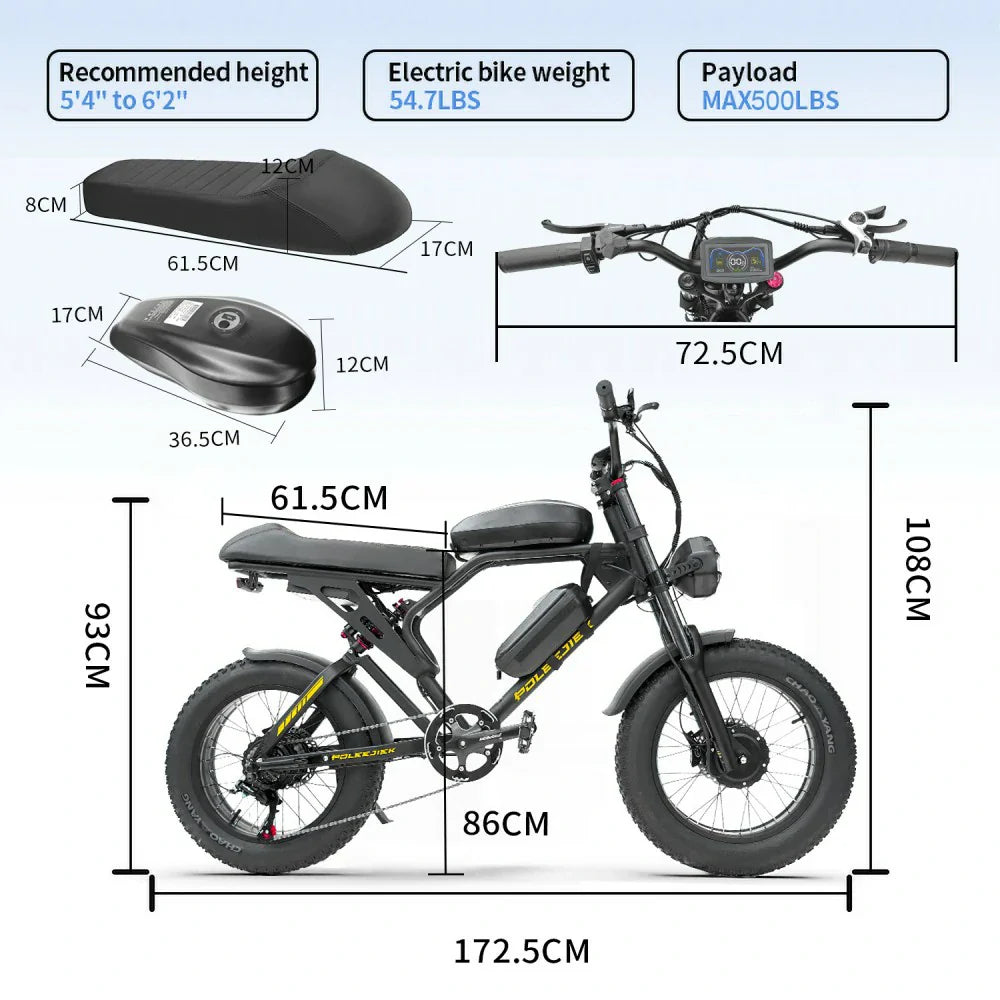 POLEEJIEK RT001 20" Retro Fat Tire Mountain Electric Bike 3000W Dual Motors 48V 25.6Ah Battery