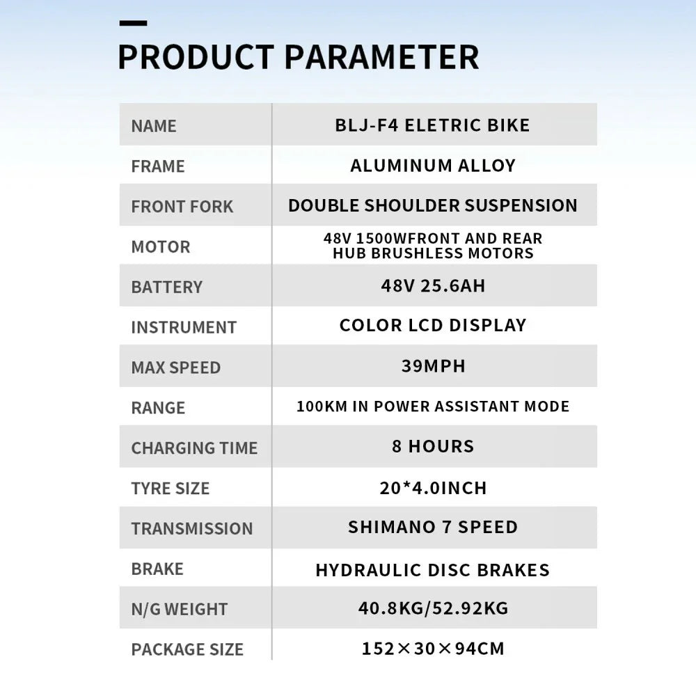 POLEEJIEK RT001 20" Retro Fat Tire Mountain Electric Bike 3000W Dual Motors 48V 25.6Ah Battery