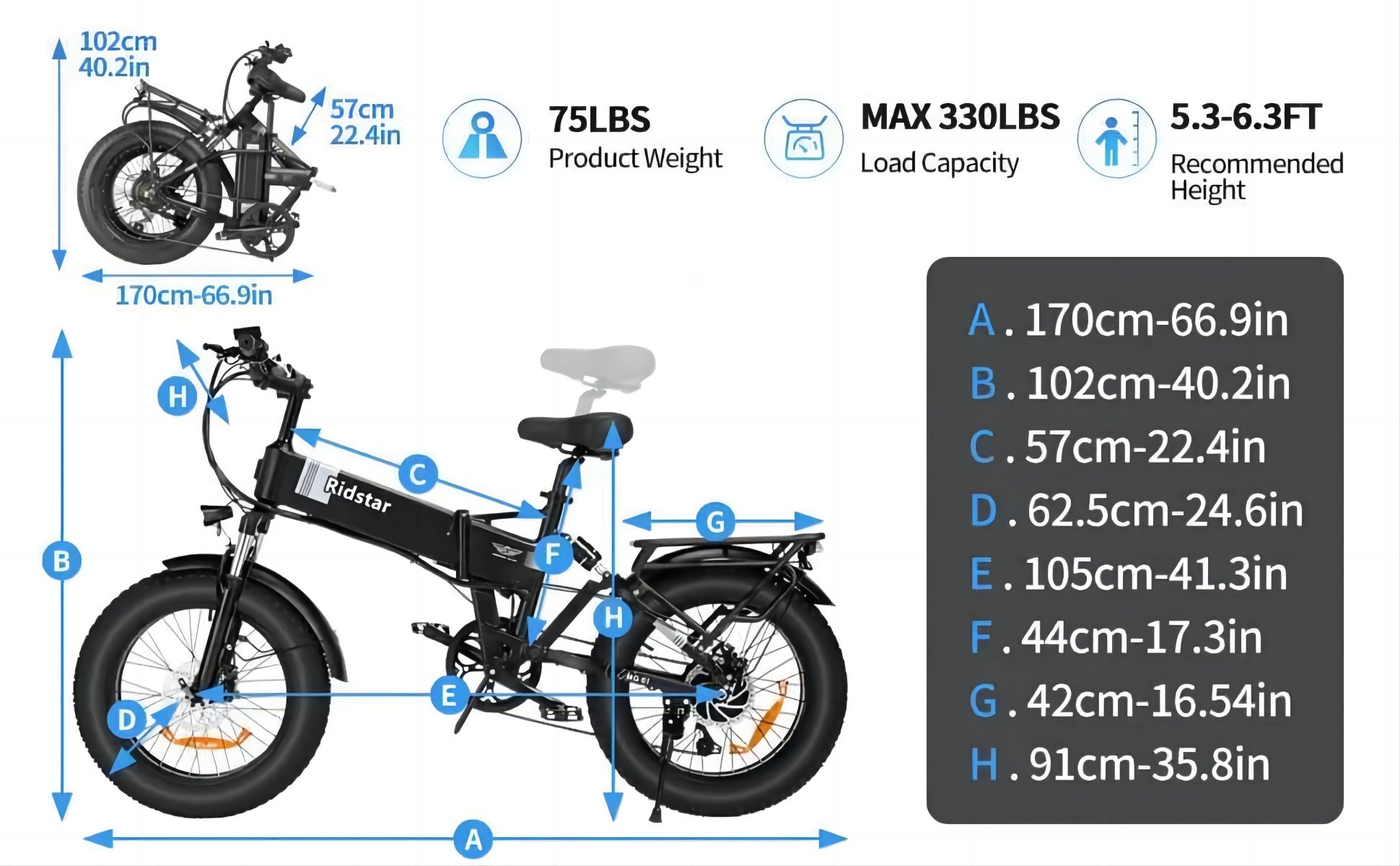 RIDSTAR H20 20" Foldble Electric Bike 1000W Motor 48V 15Ah Battery