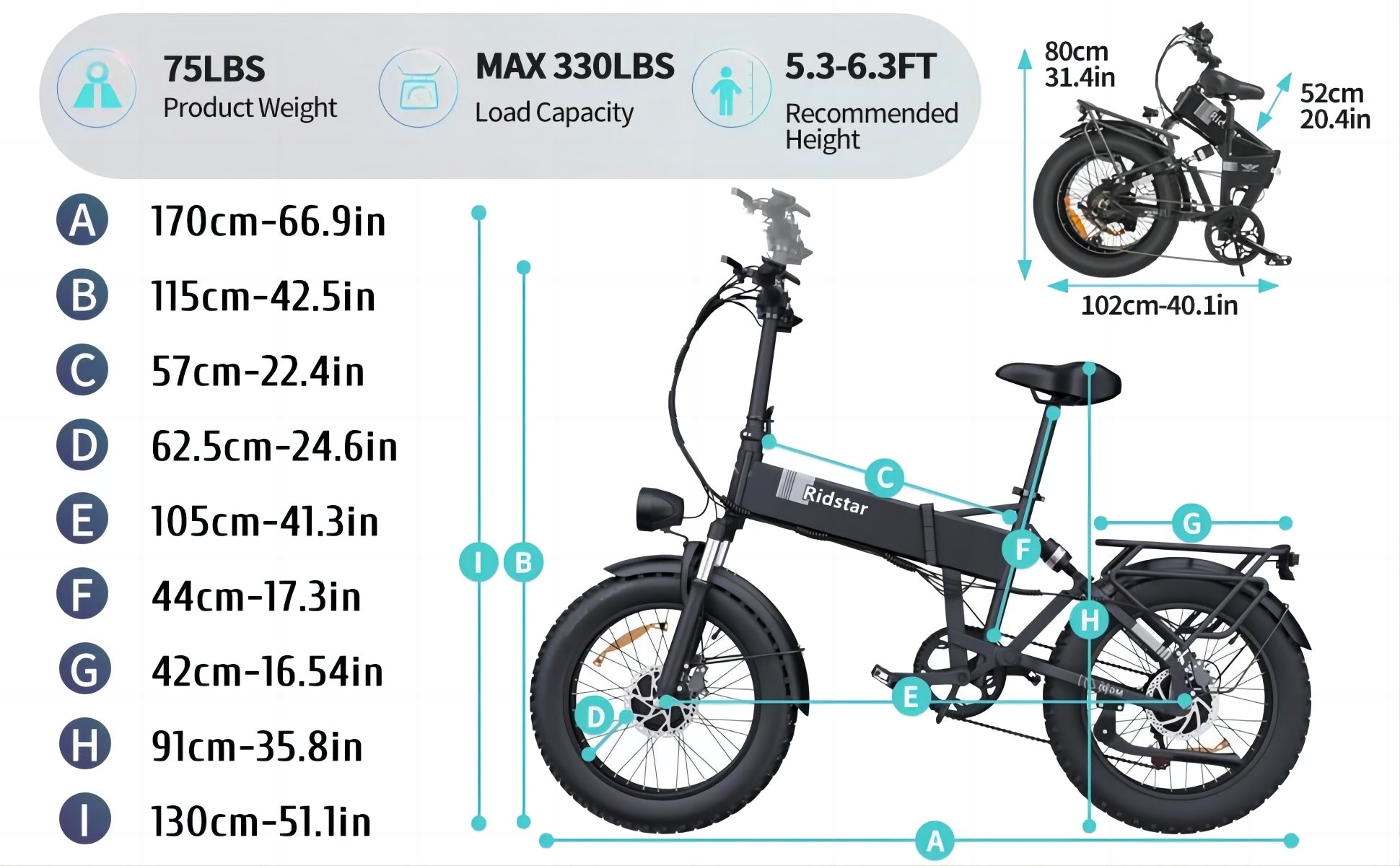 RIDSTAR H20 Pro 20" Folding Electric Bike 2000W Motor 48V 23AH Battery