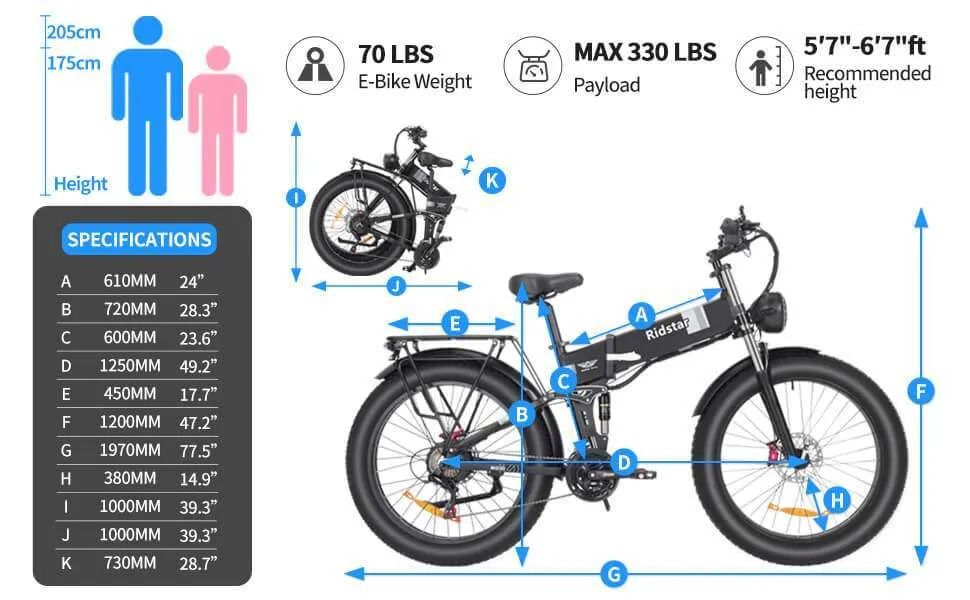 RIDSTAR H26 Pro 26" Folding Electric Bike 1500W Motor 48V 23Ah Battery