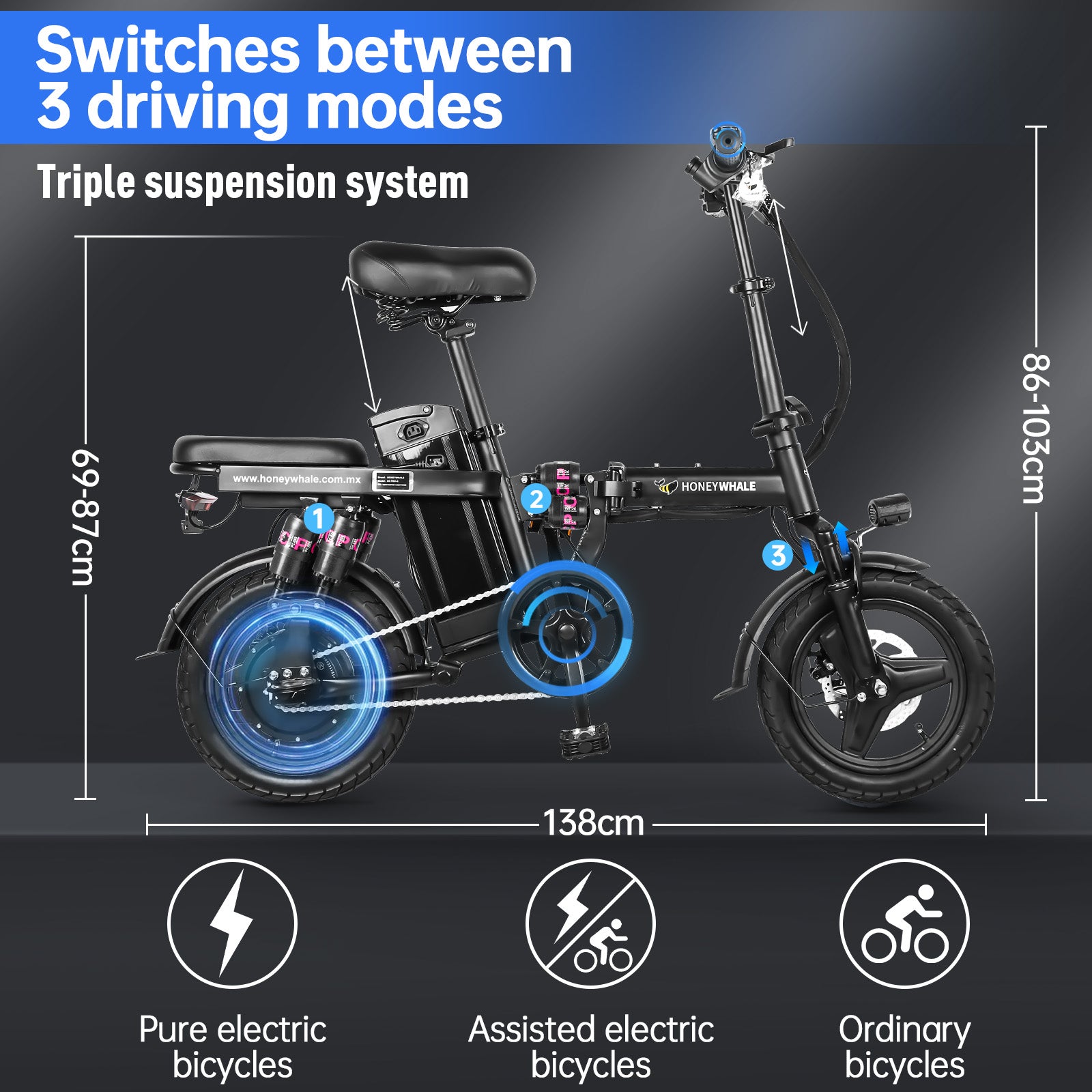 HONEY WHALE S6 Pro 14" Folding Electric Bike 350W Brushless Motor 48V 15Ah Battery